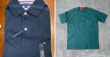 Polo shirts are considered more casual than shirts. A shirt has a structured collar and a row of buttons and can be made of various fabrics, while a polo has a knit collar, partial button placket, and short sleeves & is usually made of knit material.