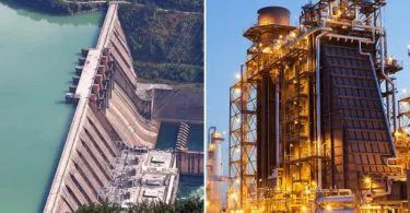 The difference between hydroelectricity and power plants is how and where they get their energy. Hydroelectricity is made by turning the kinetic energy of moving water into electricity. This is usually done with dams or run-of-the-river systems.